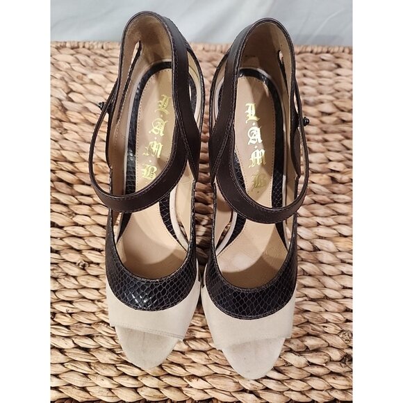 L.A.M.B. Peep Toe/Open Toe Ankle Strap Two Tone High Heels - Picture 9 of 9